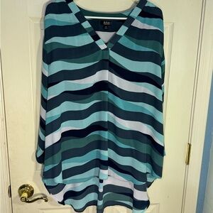 a.n.a.‎ Blue Aqua White Striped Tunic Top 3/4 Sleeve V Neck Size XXL